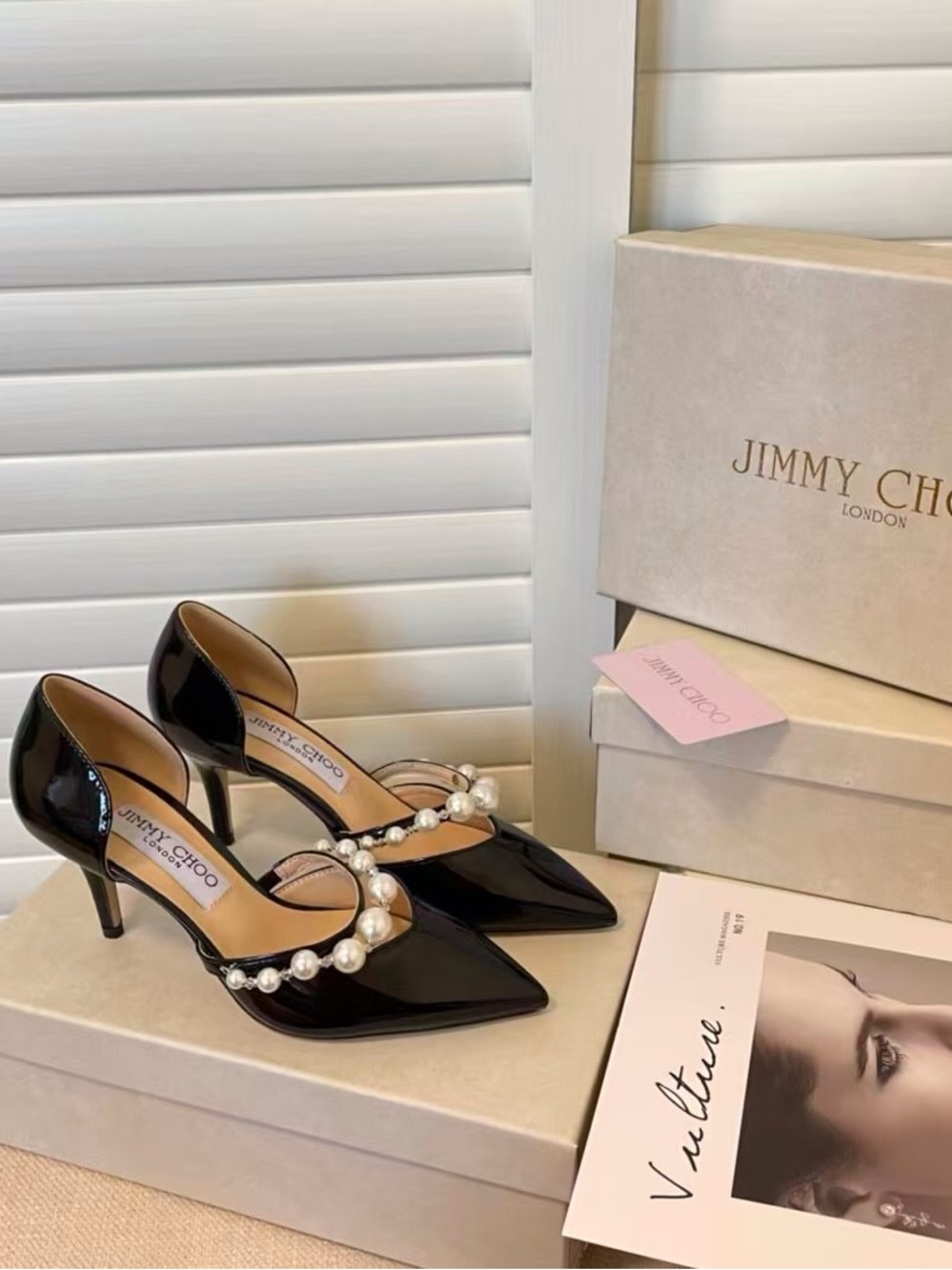 Jimmy Choo Black Patent Pearl-Strap Pointed-Toe Pumps